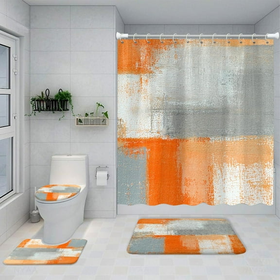 4PCS Orange Grey Shower Curtain Set, with Non-Slip Rugs, Toilet Lid Cover and Bath Mat Orange Beige Gray Modern Abstract Grunge Painting Bathroom Accessory Decor Fabric Bath Curtain Set 72X72 Inch
