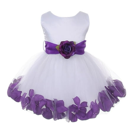 Baby Girls White Purple Floral Petals Organza Sash Flower Girl Dress