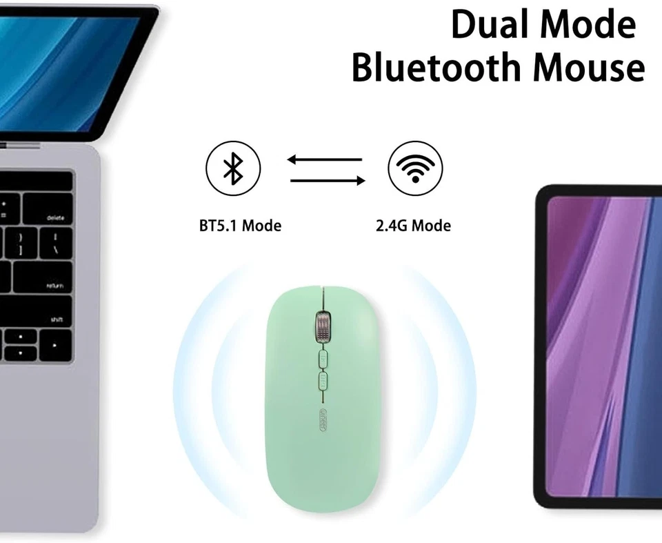 RHEA- Wireless Silent Mouse Bluetooth, Rechargeable Led (Bt 5.1+2.4G) Green