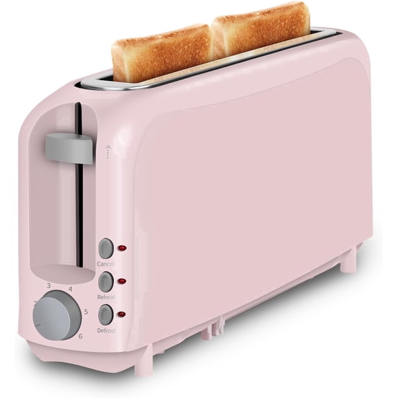 2-Slice Slim Toaster, 6 Shade Settings with Cancel, Reheat & Defrost, 10" Long Slot, Auto Shut off, Removable Crumb Tray, Pink