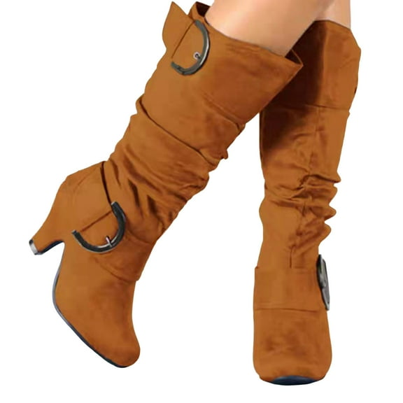 Wide Calf Boots for Women Slouchy Suede Kitten Heel Dress Mid Calf Booties Side Zipper Buckle Strap Fall Long Boots Brown Size 8.5