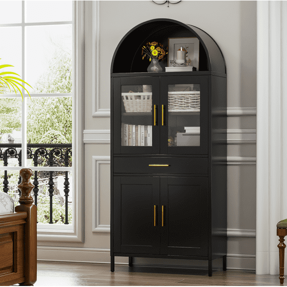 SUXXAN 73-Inch Tall Arched Metal Display Cabinet with Glass Doors and Drawer，Assembly Required