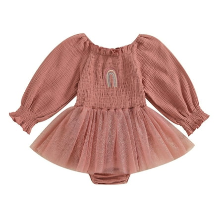 

GPAECEAD Newborn Baby Girls Fall Tulle Ruffle Romper Long Sleeve Round Neck Smocked One-Piece Bodysuit Jumpsuit Birhtday Outfit Pink