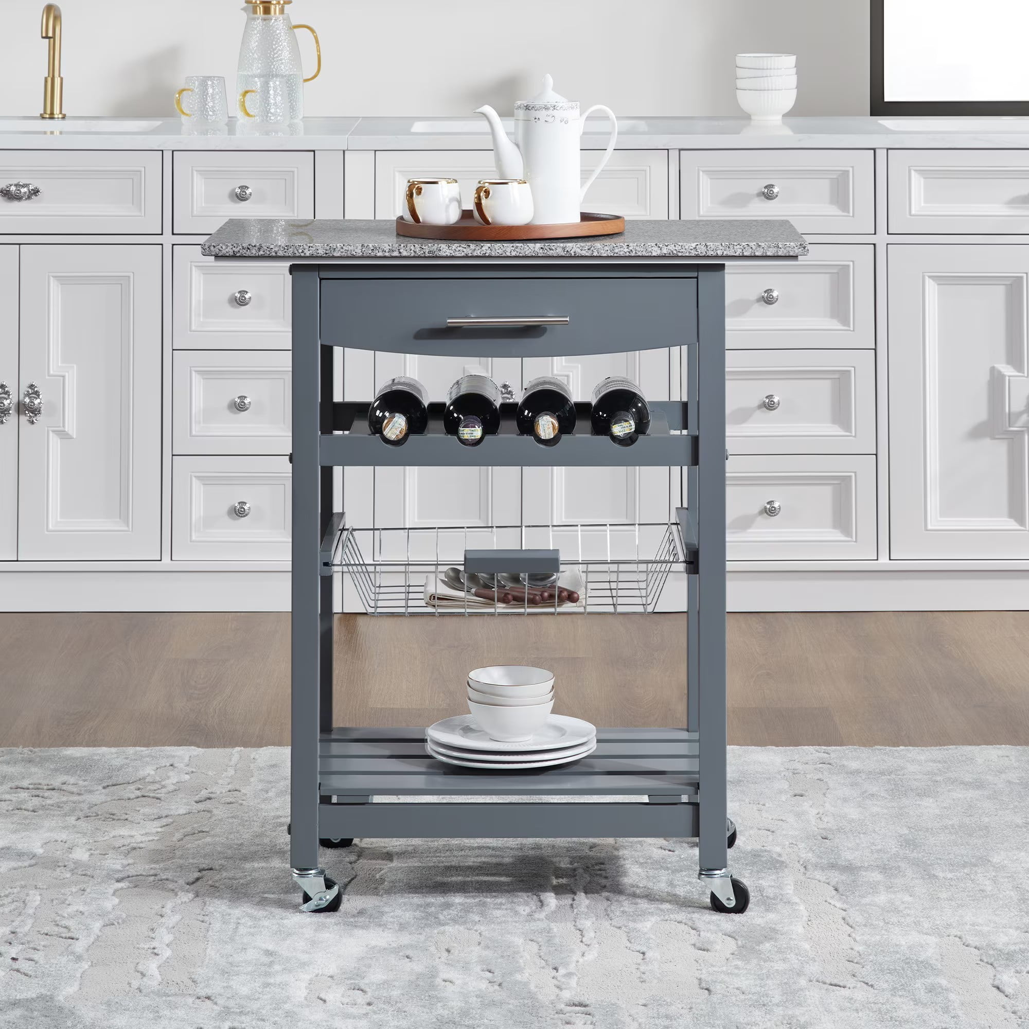 Mobile Rolling Kitchen Island Cart with Marble Top, Kitchen Trolley with Drawer & Slide-Out Wire Basket, Lockable Wheels, Portable Serving Cart for Kitchen, Dining Room, Grey