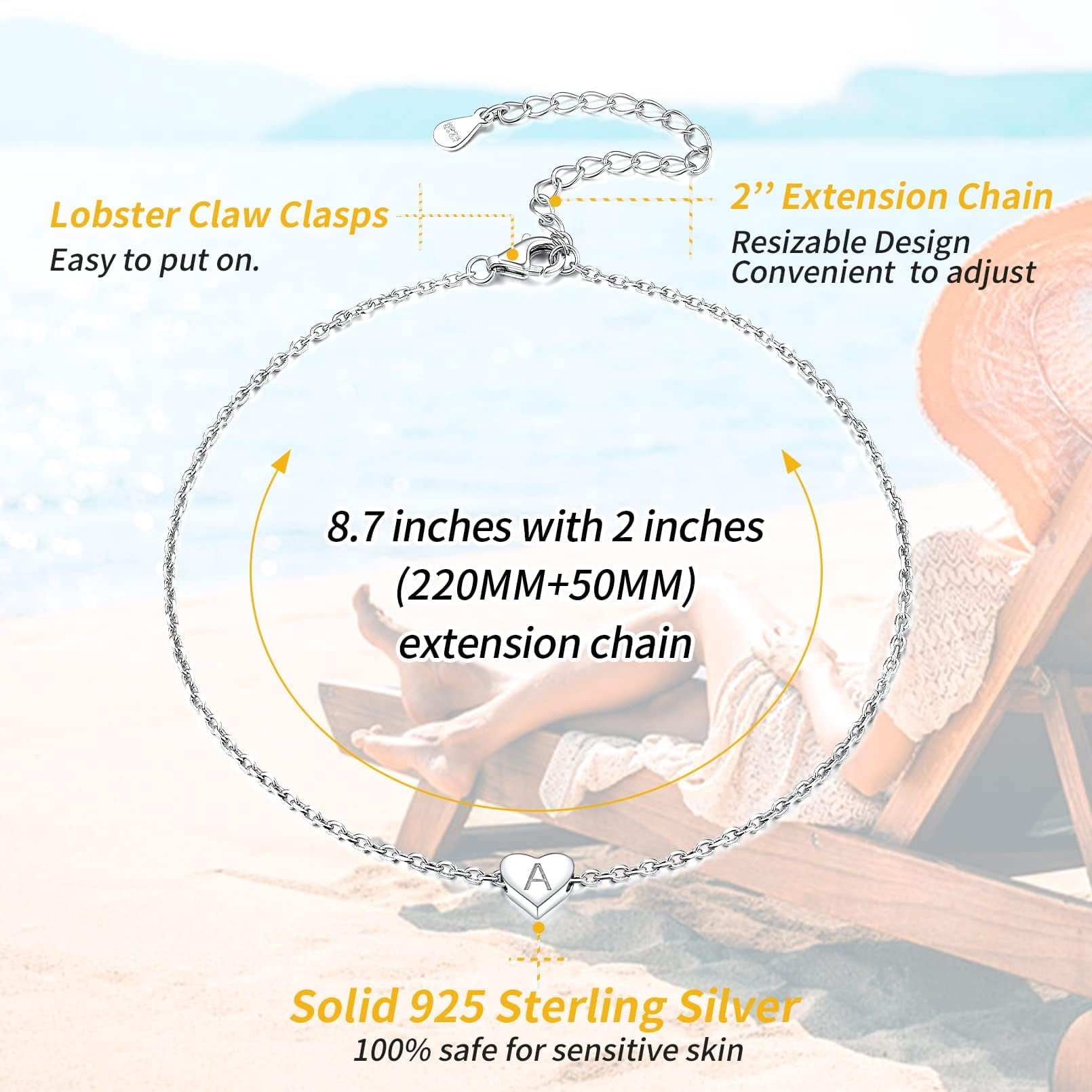 ChicSilver Anklets for Women 925 Sterling Silver Dainty Heart Initial A-Z Ankle Foot Jewelry Summer Graduation Gifts