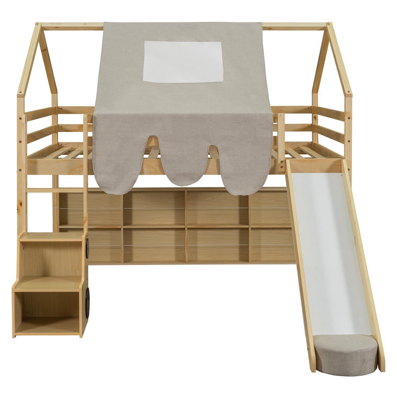 Full Size Wooden Loft Bed with Slide and Tent, House-Shaped Frame Kids Loft Bed with Ladder, Under-Bed Storage Shelves and Toy Organizer, Playhouse Bed for Bedroom