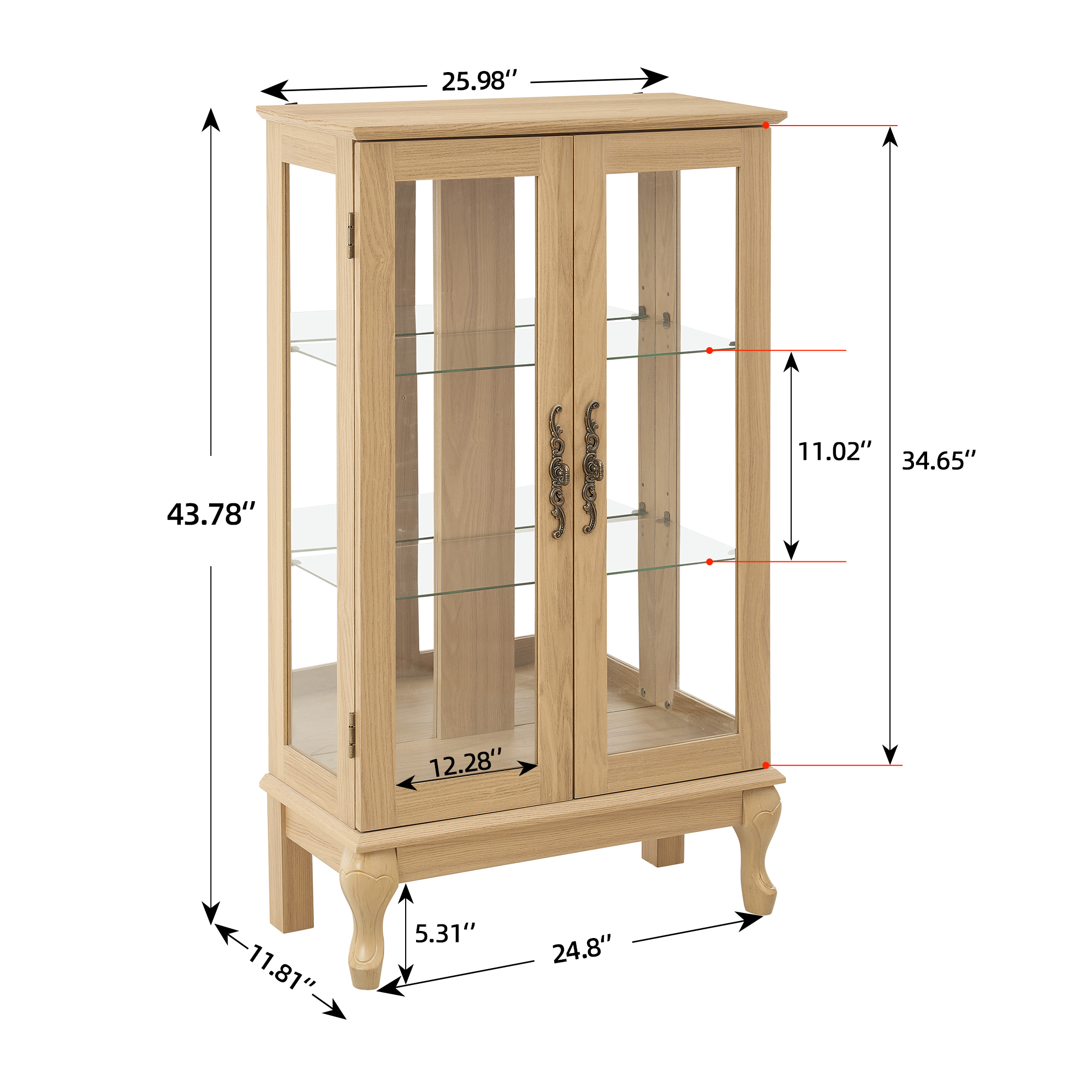 Miniyam Curio Display Cabinet with Light & Tempered Glass Doors, Natural