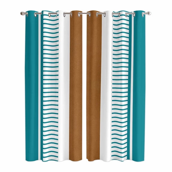 Modern Brown Teal Kitchen Curtains 84 Inch Length, Boho Contemporary Geometric Striped Grommet Top Bedroom Living Room Curtains, Light Filtering Cafe Curtain Drapes 2 Panels Set 84''x84''