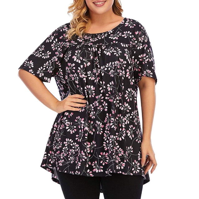 Pompotops Women Printing Short Sleeve O-Neck Large Size Pleated T-Shirt Blouse Tops