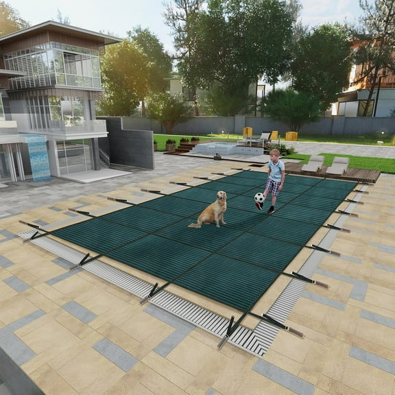 25 x 45ft Pool Safety Cover, Fits 23 x 43ft Rectangular Underground & Inground Swimming Pools, Triple Stitched High Strength Mesh, PP, Abrasion Resistant, Green Mesh