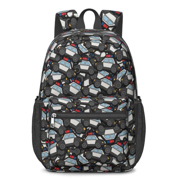 Police and Black Car Black Pattern 17" School Backpacks for Teens,Waterproof Oxford Fabric,S-Shape Padded Straps for School,Travel,Hiking,Camping
