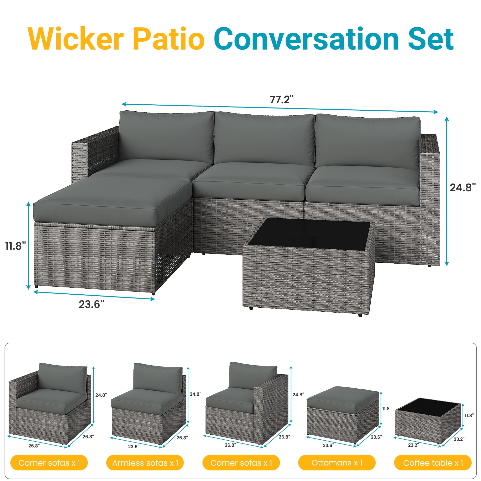 CozyHome 5-Piece Patio Rattan Furniture Set, Wicker Outdoor Sectional Sofas with Ottoman and Coffee Table, Grey