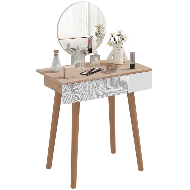 Oak & White Vanity Desk with Adjustable Mirror | Bedroom Dressing Table with Drawer | 27.6" x 15.4" Compact Design