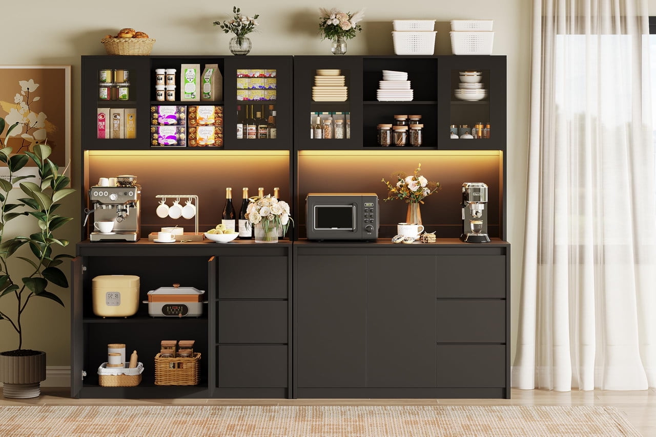 TROPOW Pantry Cabinet with Adjustable Shelf, Food Pantry with 4 Doors & 3 Drawers, Kitchen Pantry Cabinet with Built-in Power Hub for Dining Room