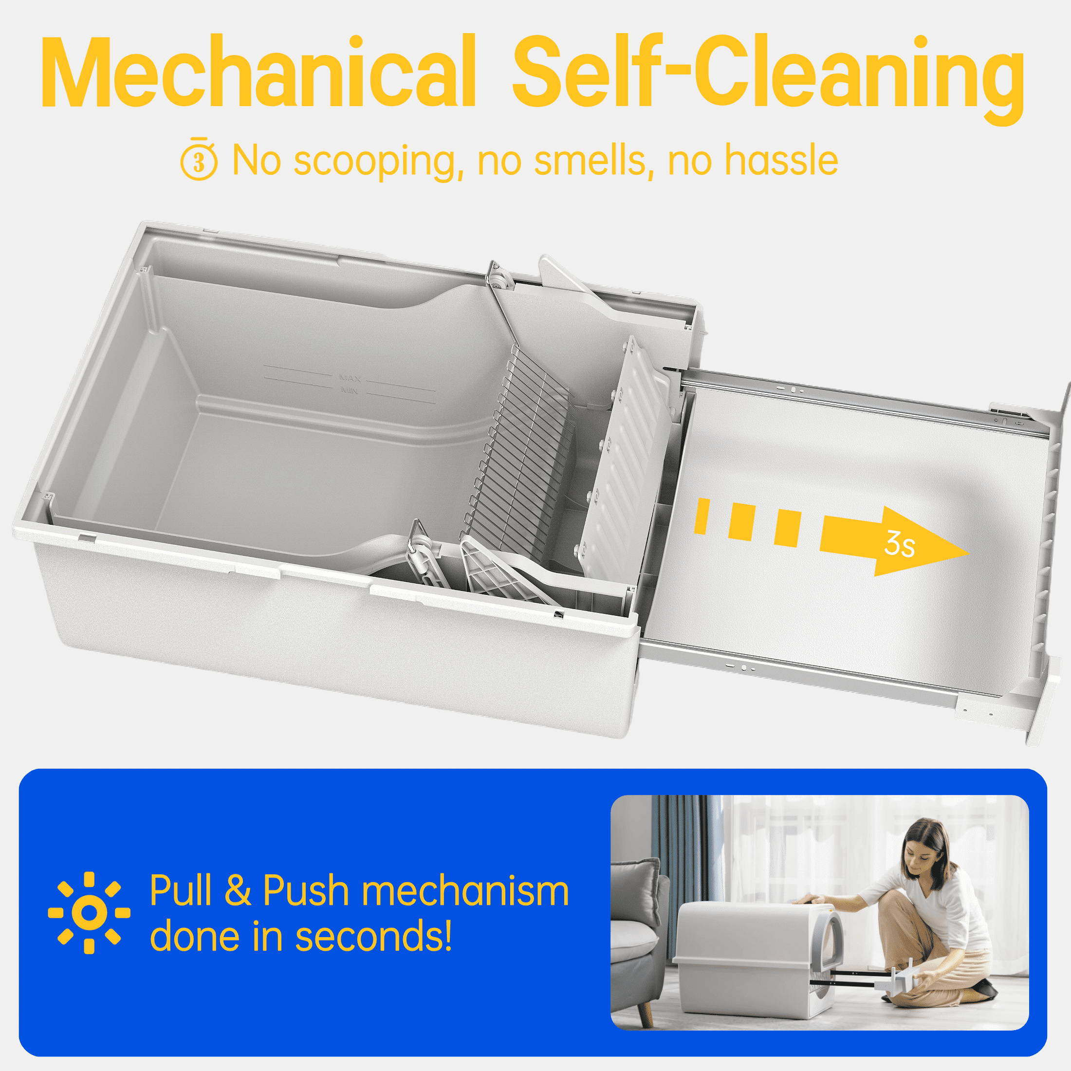 Pull-Push Mechanical Self-Cleaning Functional Extra Large Cat Litter Box with Waste Receptacles, Jumbo Hooded,White
