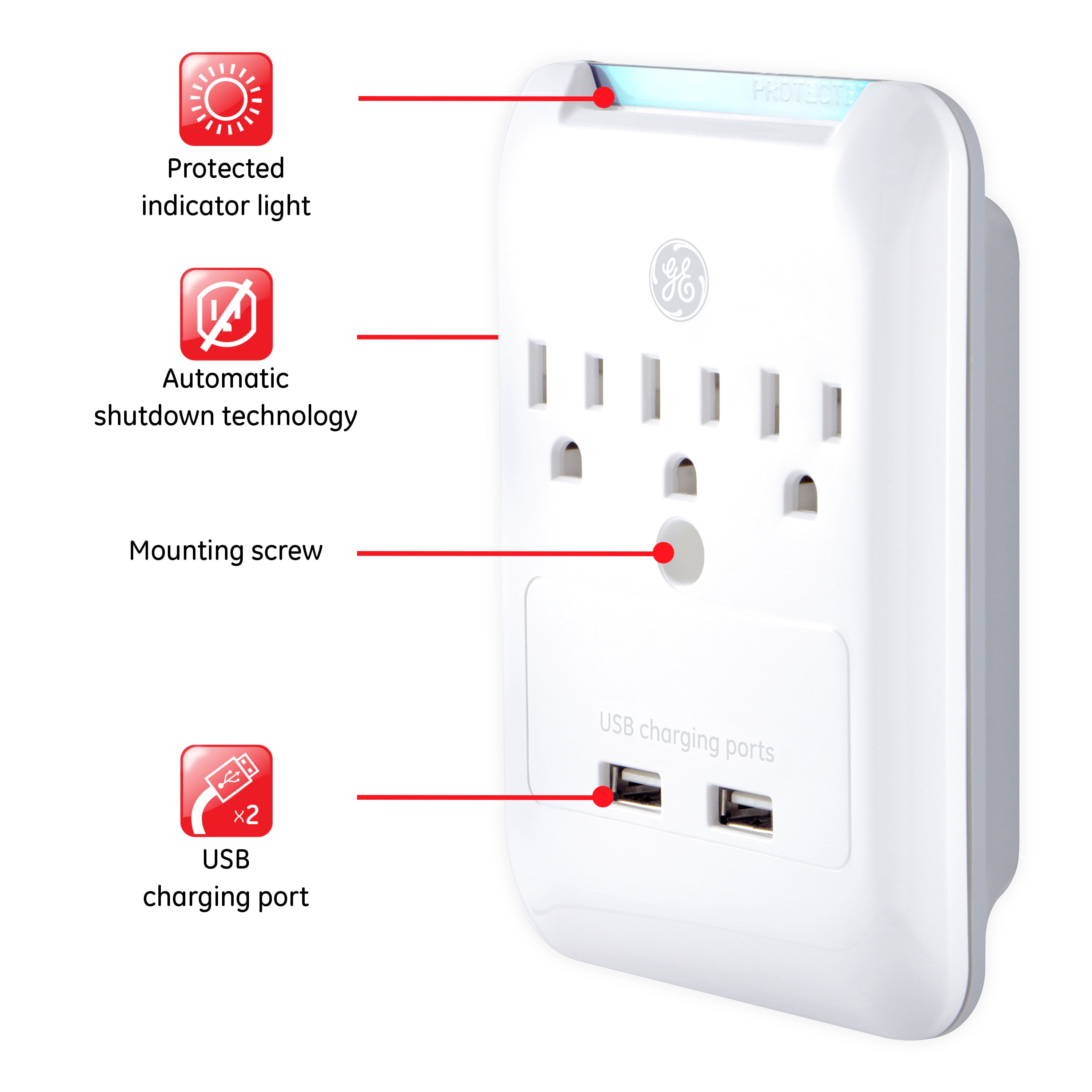 GE Pro 3-Outlet 2-USB Charging Station, Surge Protector, White, 33646
