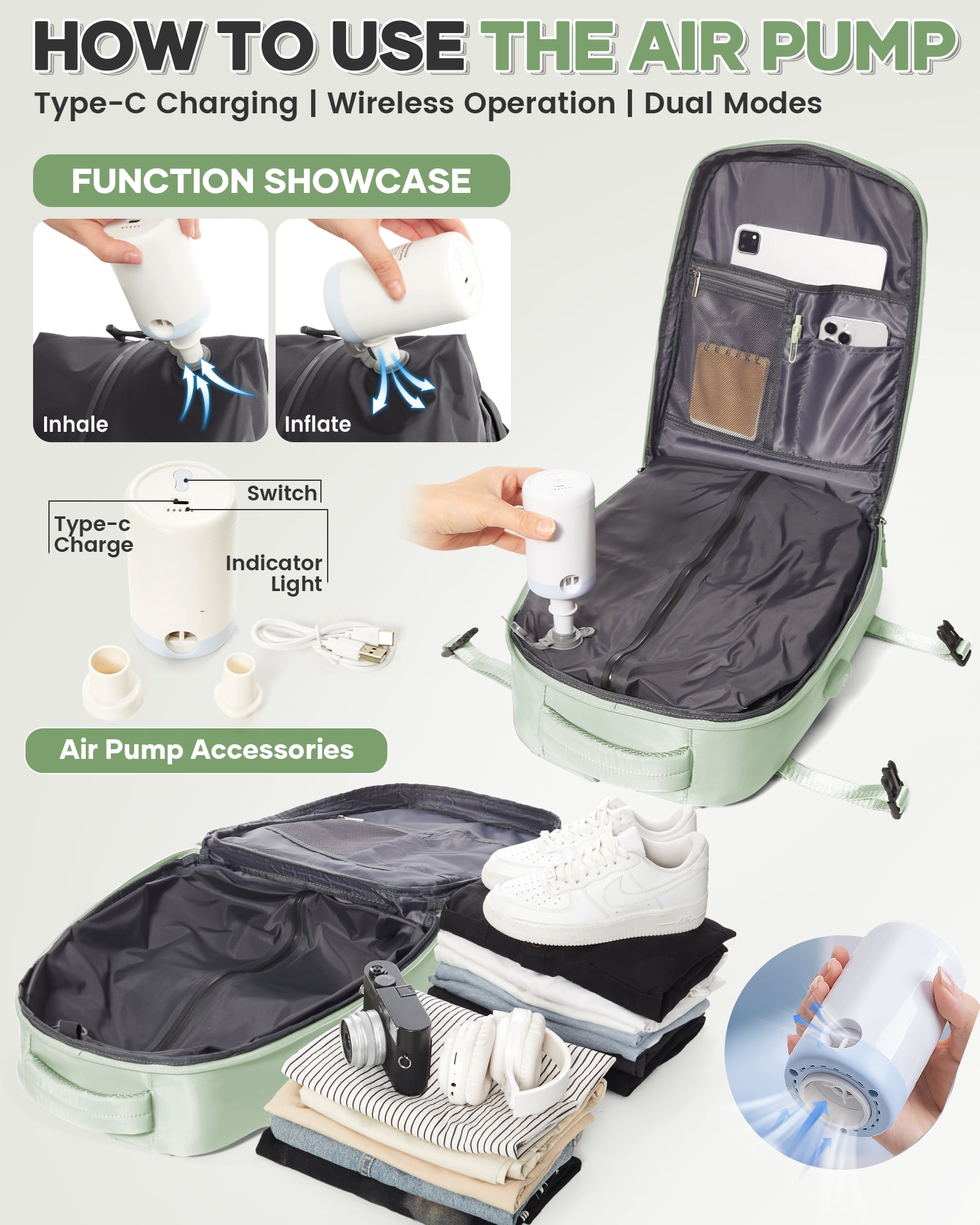 Vacuum Backpack for Travel, Vacuum Seal Carry on Backpack with Vacuum Compression, Travel Backpack with Pump for Women Men Airline Approved, Air Vacpack for Work College Daypack, Mint Green