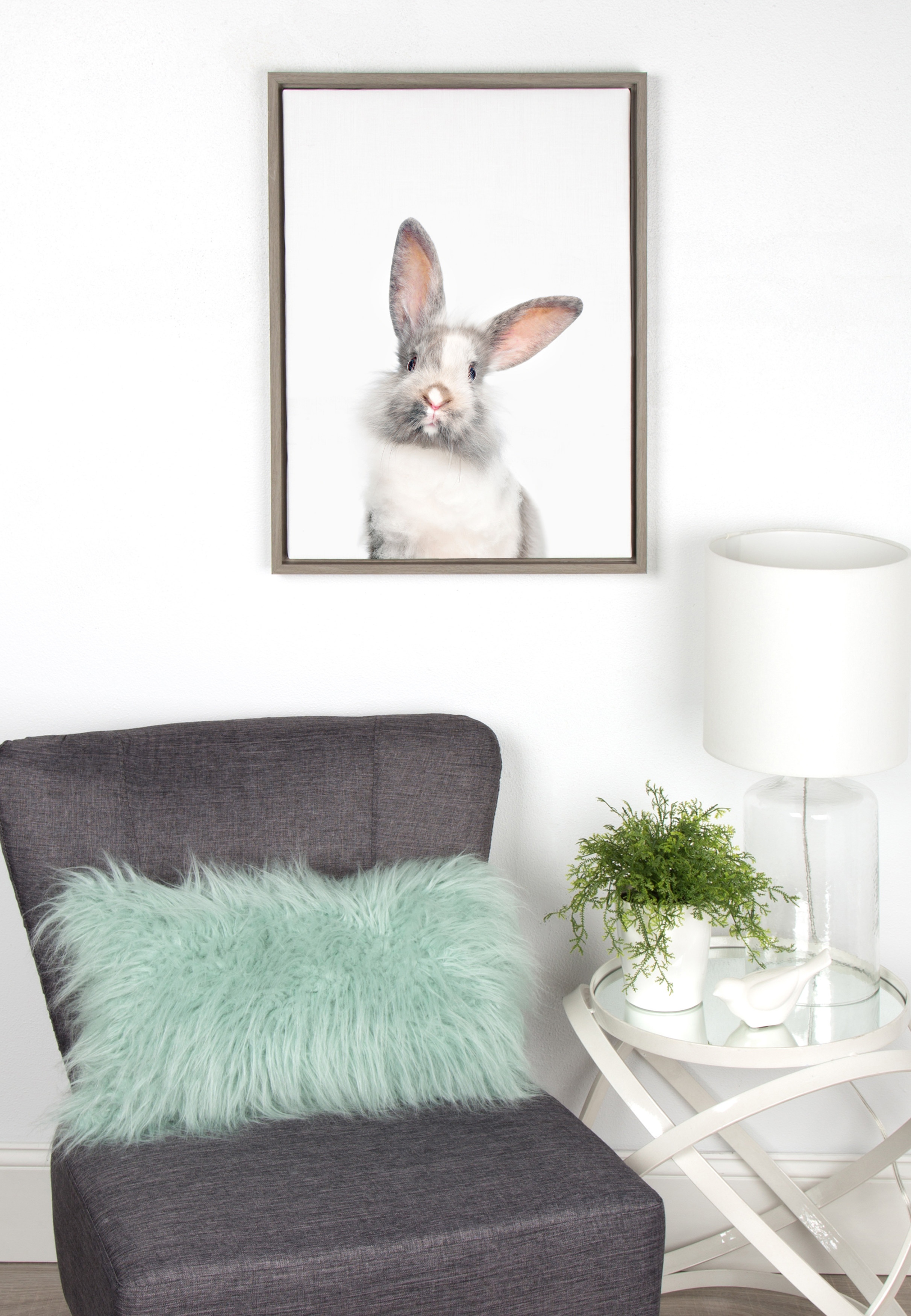 Kate and Laurel Sylvie Baby Bunny Rabbit Animal Print Portrait Framed Canvas Wall Art by Amy Peterson, 18x24 Gray