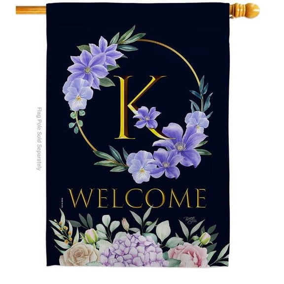Breeze Decor H130245-BO 28 x 40 in. Welcome K Initial House Flag with Spring Floral Double-Sided Decorative Vertical Flags Decoration Banner Garden Yard Gift