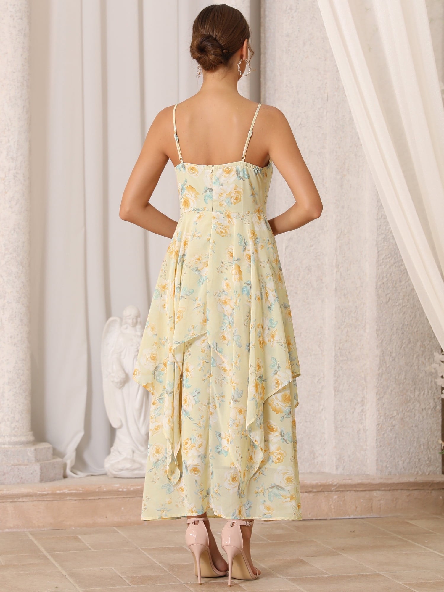 DARING DIVA Women's Easter Floral Chiffon Ruffles Tiered Spaghetti Strap L Light Yellow