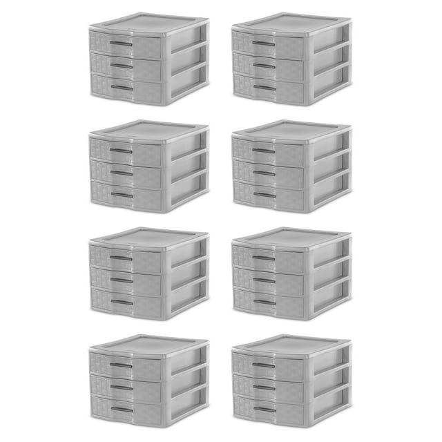 Sterilite Medium Weave 3 Drawer Storage Unit Versatile Organizer, 8-Pack