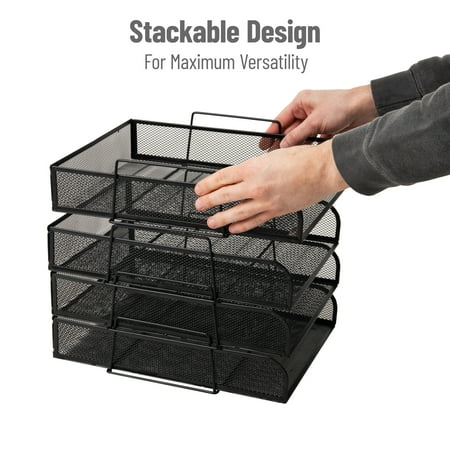 Mind Reader - Stackable Paper Tray, Desktop Organizer, File Storage, Office, Metal Mesh, 10.5"L x13.5"W x11.25"H, 4 Pcs. - Black