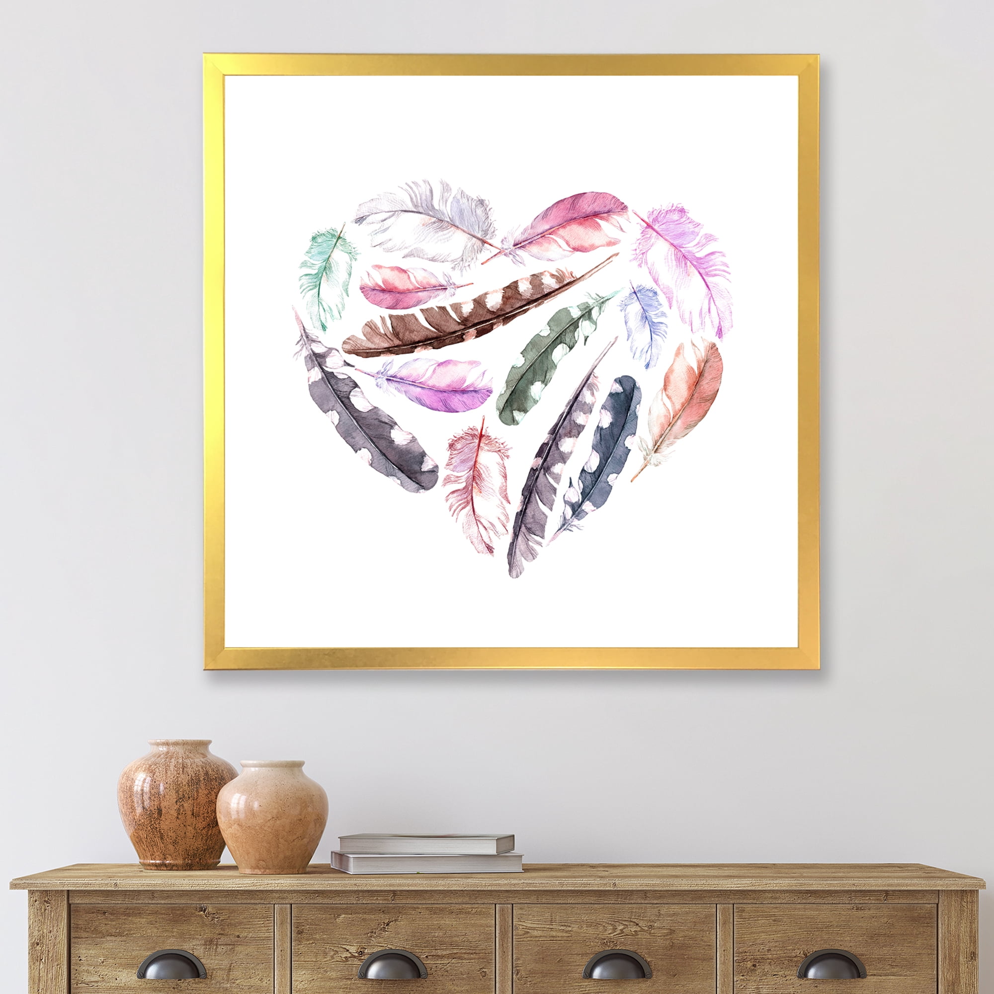 Designart 'Retro Pink Bird Feathers With Heart' Bohemian & Eclectic Framed Art Print