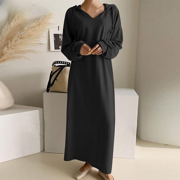Guieoi Plus Size Fall/Winter Hooded Sweatshirt Casual Shirt-Style Maxi Dress Black L
