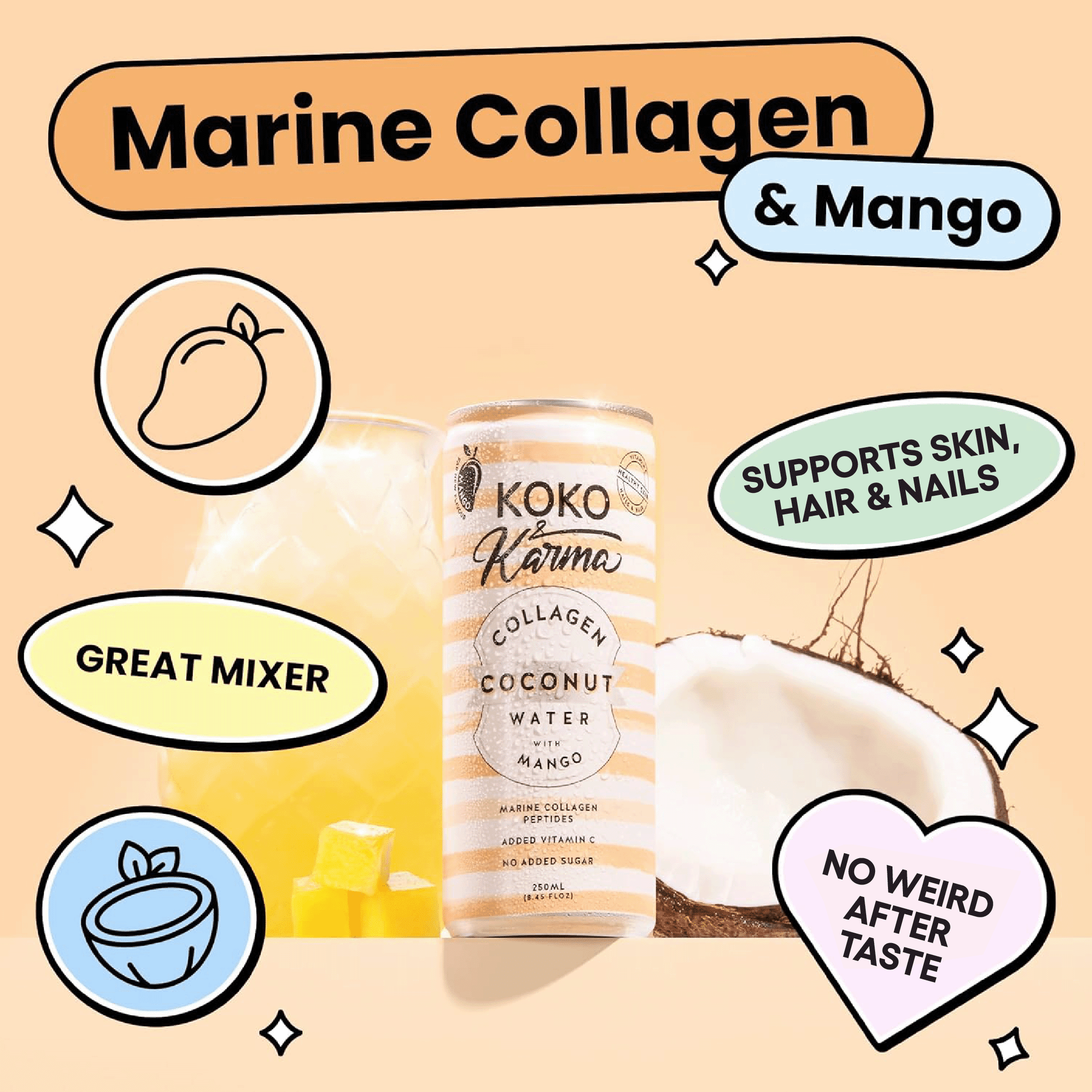 (3 pack) Koko & Karma Mango Coconut Water, Marine Collagen, No Added Sugar, 4-Pack Cans (8.45 fl oz Each)