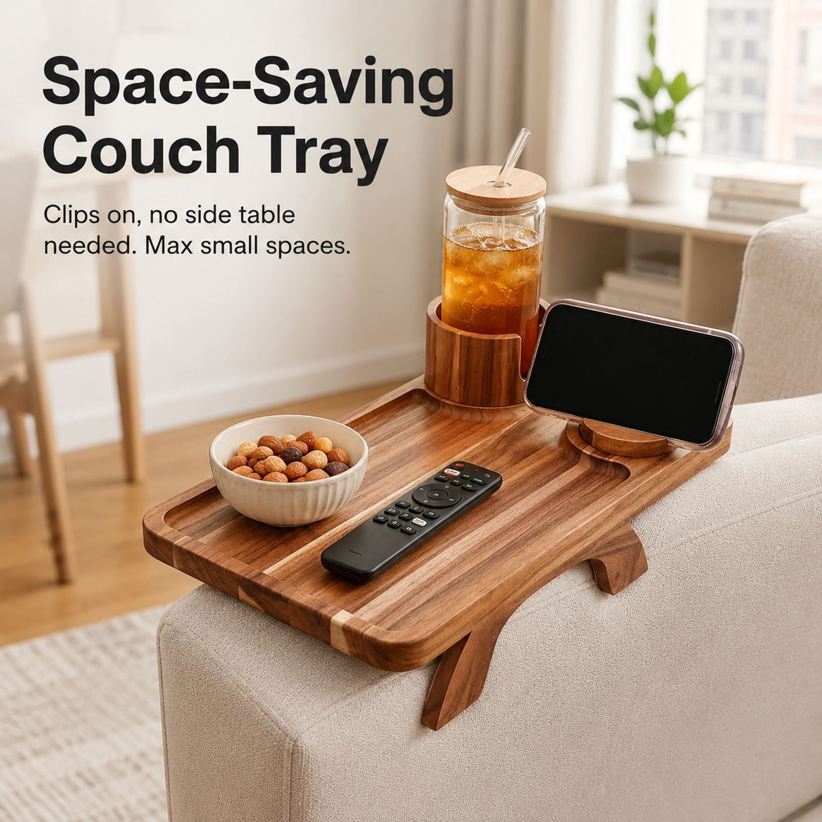 Alvantor Large Acacia Wood Sofa Arm Tray with 360° Rotation and Phone Holder