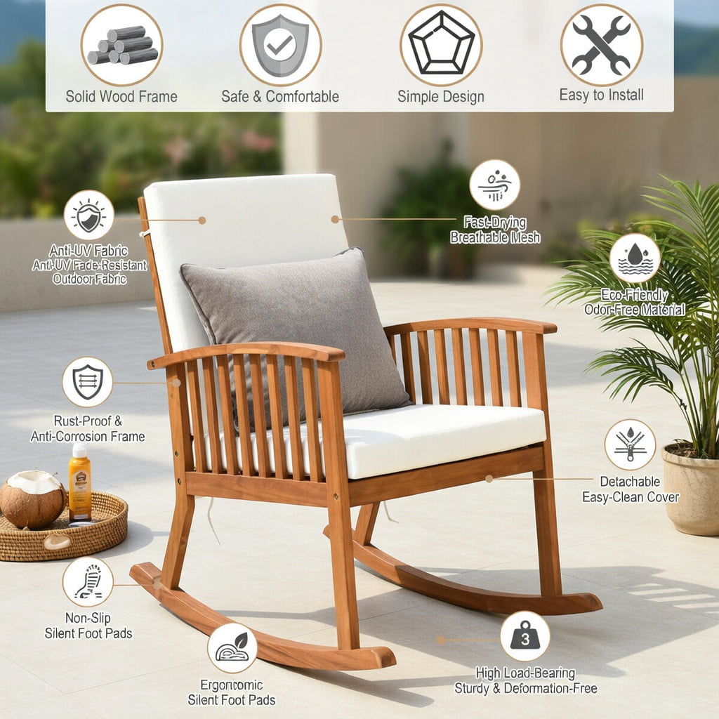 Hommoo Acacia Wood Outdoor Rocking Chair with Removable Washable Cushions, Patio, Backyard & Balcony Seating, Natural