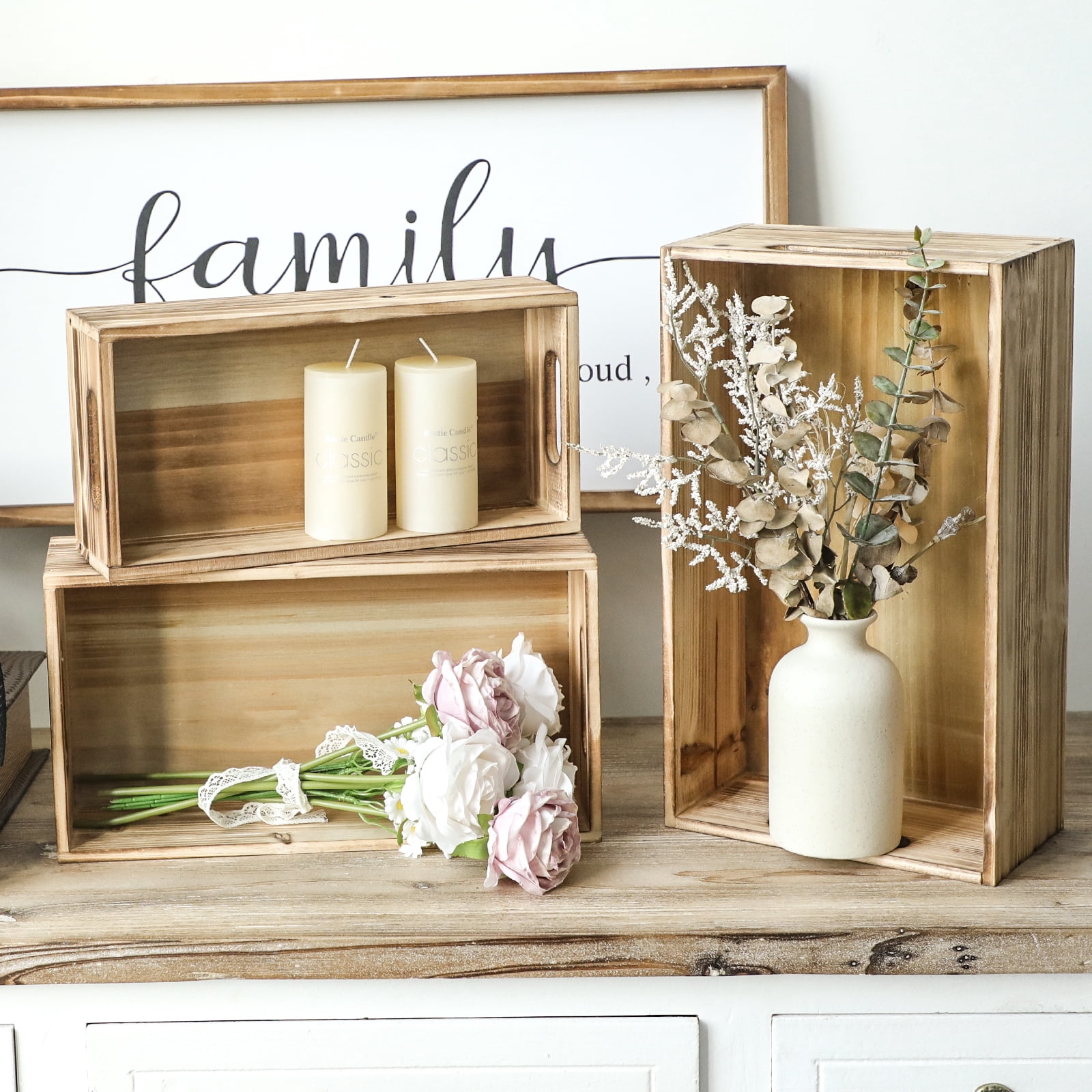 MODE HOME Wooden Storage Crates, Set of 3 Nesting Wood Boxes for Display and Organizing, Farmhouse Decorative Storage Bins for Crafts, Pantry & Living Room