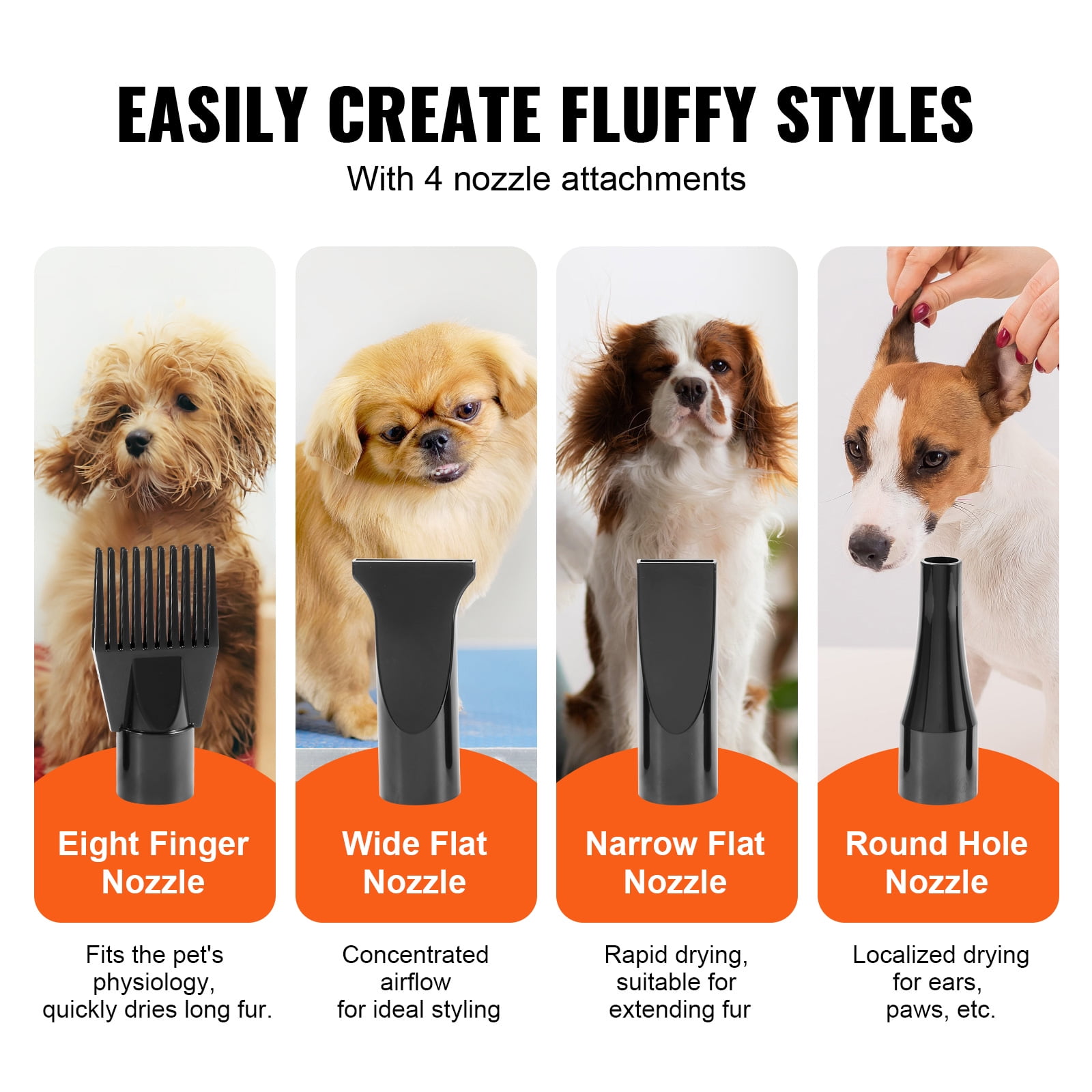 BENTISM Dog Dryer, 2000W Pet Hair Force Dryer Grooming Blower with Adjustable Speed and Temperature Control with 4 Different Nozzles Extendable Hose, Grey