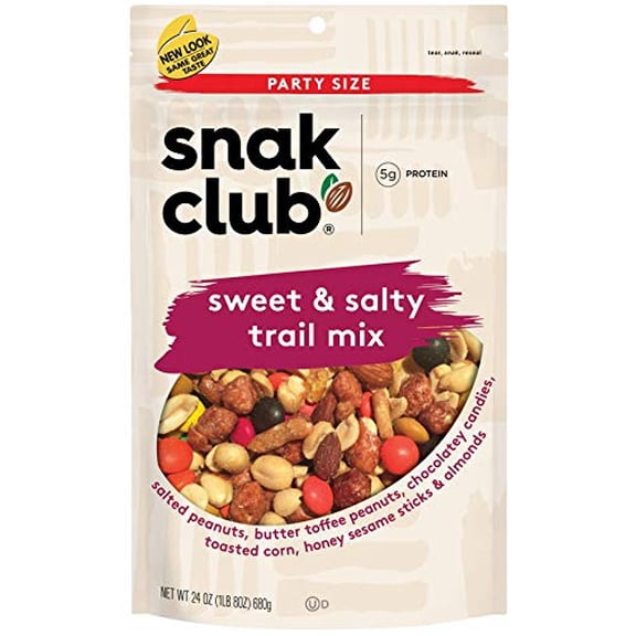 Snak Club Sweet and Salty Trail Mix with Peanuts, Butter Toffee Peanuts, M&M'S Chocolate Candies, Toasted Corn, Honey Sesame Sticks, an