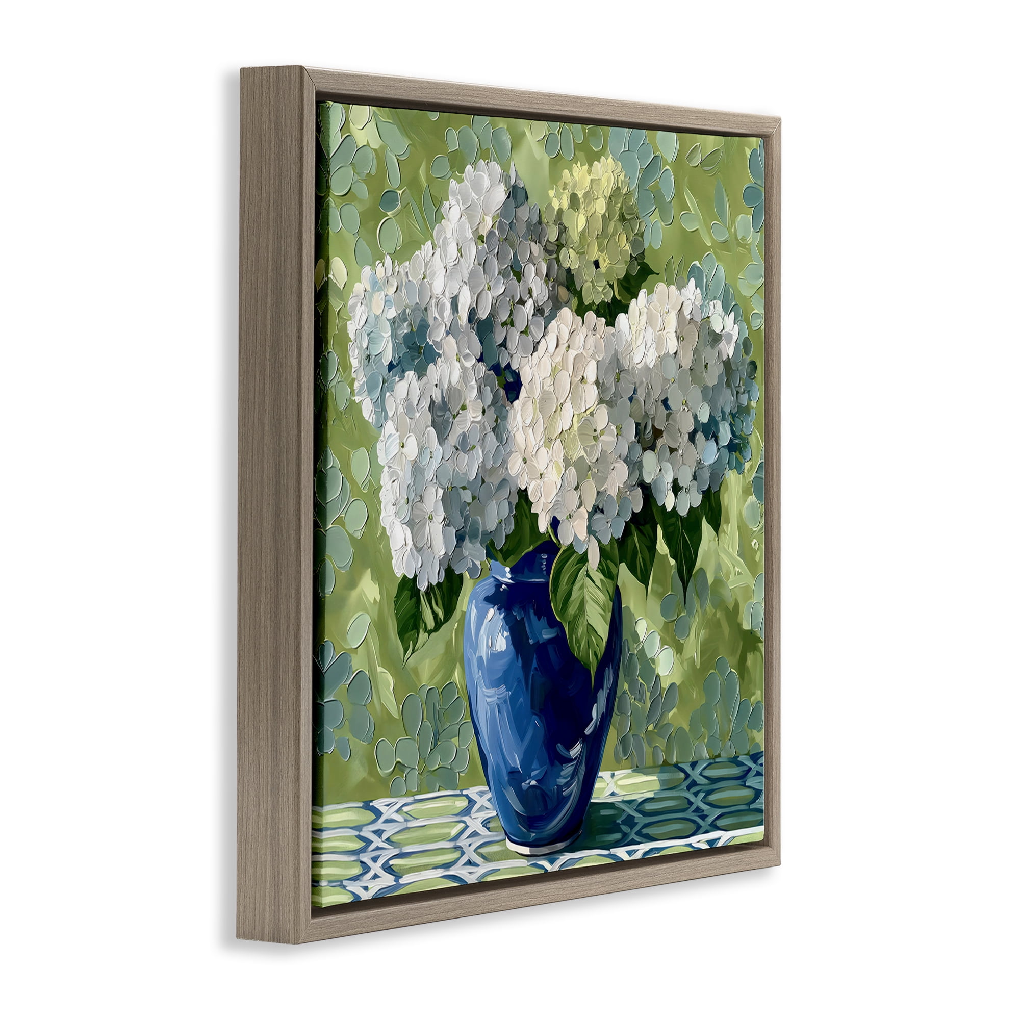 Stupell Industries White Hydrangeas in Blue Vase Brown Framed Floater Canvas Wall Art, design by Gina Kelly
