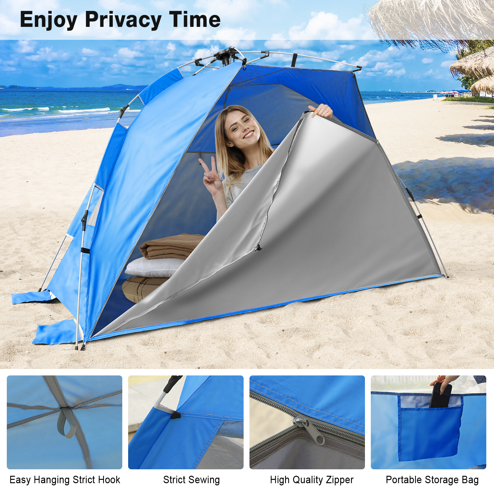 SUNOYAR Beach Tent, 4-6 Person Pop-up Beach Tent Sun Shelter, UPF 50+ UV Protection Portable Waterproof Beach Tent, Sunshade with Extendable Floor for Family, Fishing, Camping, Blue - image 2 of 8