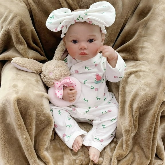 19 Inch Realistic Cute Eyes Open Newborn Newborn Baby Doll Girl Wearing White Floral Dress ,Blue Eyes ,Lifelike Baby Doll Suitable for Children 3 