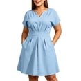 thumbnail image 2 of Karymi Plus Size Notch V-Neck A-Line Dress, Short Sleeve Waist Pleated Flare Dress with Pockets, Solid Casual Work Dress Wedding Guest Dresses for Women, 2 of 7