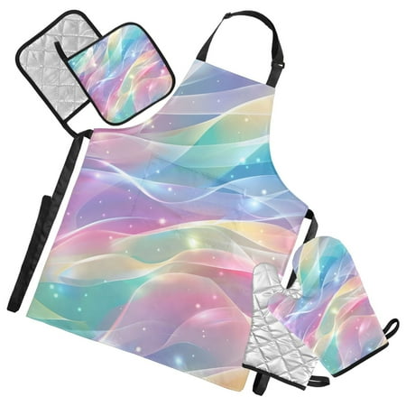 Rainbow Colored Stream Lines Apron Set with Oven Mitts Pot Holders Set of 5 Kitchen Stuff Accessories