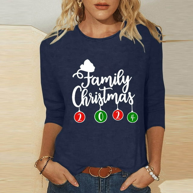 Aqestyerly Hauts de Noël pour Femmes T-Shirt Imprimé de Noël pour Femmes Blouse à Manches 3/4 Col Rond Hauts Décontractés