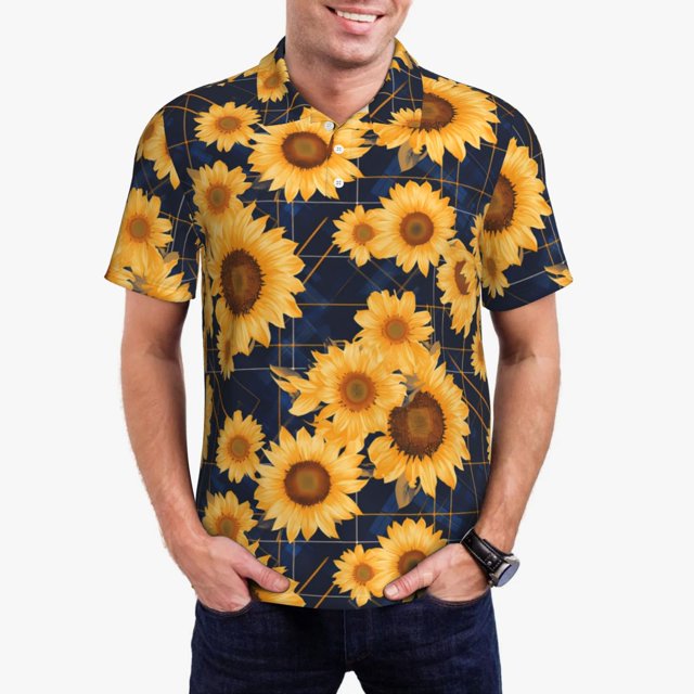 Fotbe Navy Blue Plaid Sunflower Camiseta Polo de Golf para Hombre con Estampado – Camisa Deportiva Transpirable con Cuello Abotonado-Medium