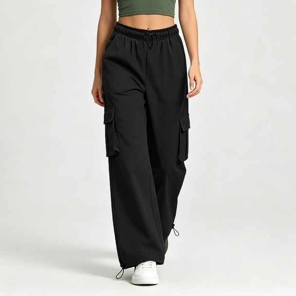 LEAVINGSUO Cargo Pants Women Casual Solid Color Pants Straight Leg Cargo Casual Trousers With Pockets Black S