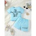 thumbnail image 3 of Mikrdoo 5T Little Girls Clothes 4Y,5Y,6Y,7Y Girls Outfits Letter Print Short Sleeve Casual Tee Elastic Shorts Sets 2Pcs Summer OOTD Blue, 3 of 10