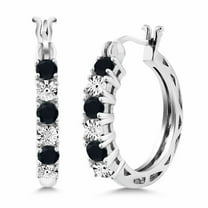 Gem Stone King 925 Sterling Silver Round Black Onyx and White Lab Grown Diamond Hoop Earrings for Women (0.61 Cttw, Gemstone Birthstone, Round 3MM)
