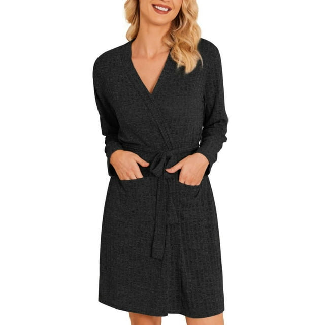 HAiming Women Pajamas Ribbed Knit Soft Bathrobe Long Sleeve Stretchy Belted Knee Length Robes Sleepwear with Pockets