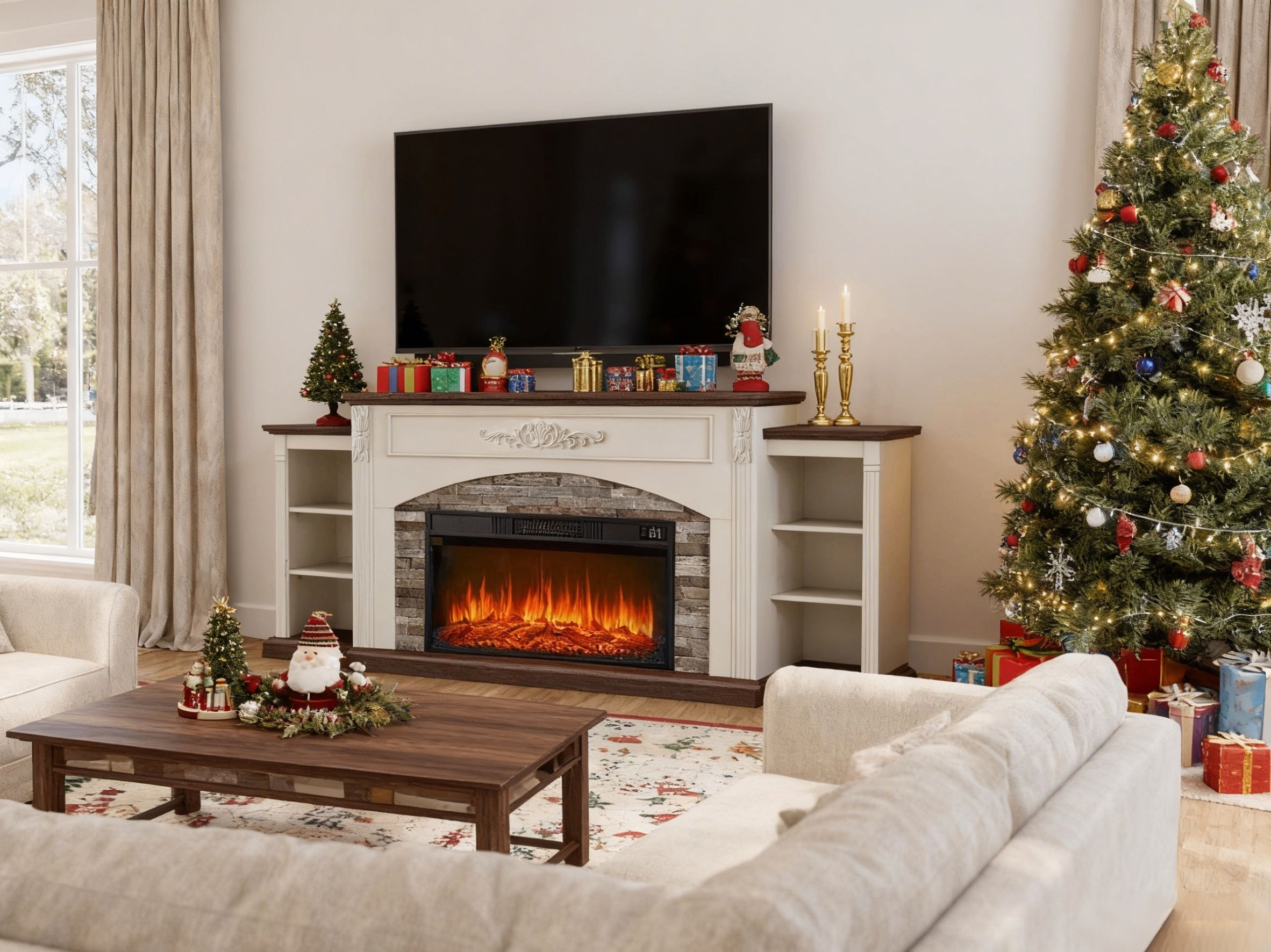 BOSHIRO 80" Electric Fireplace with Mantel and Cabinets, Fireplace TV Stand for Living Room Bedroom, Fits TVs up to 90”