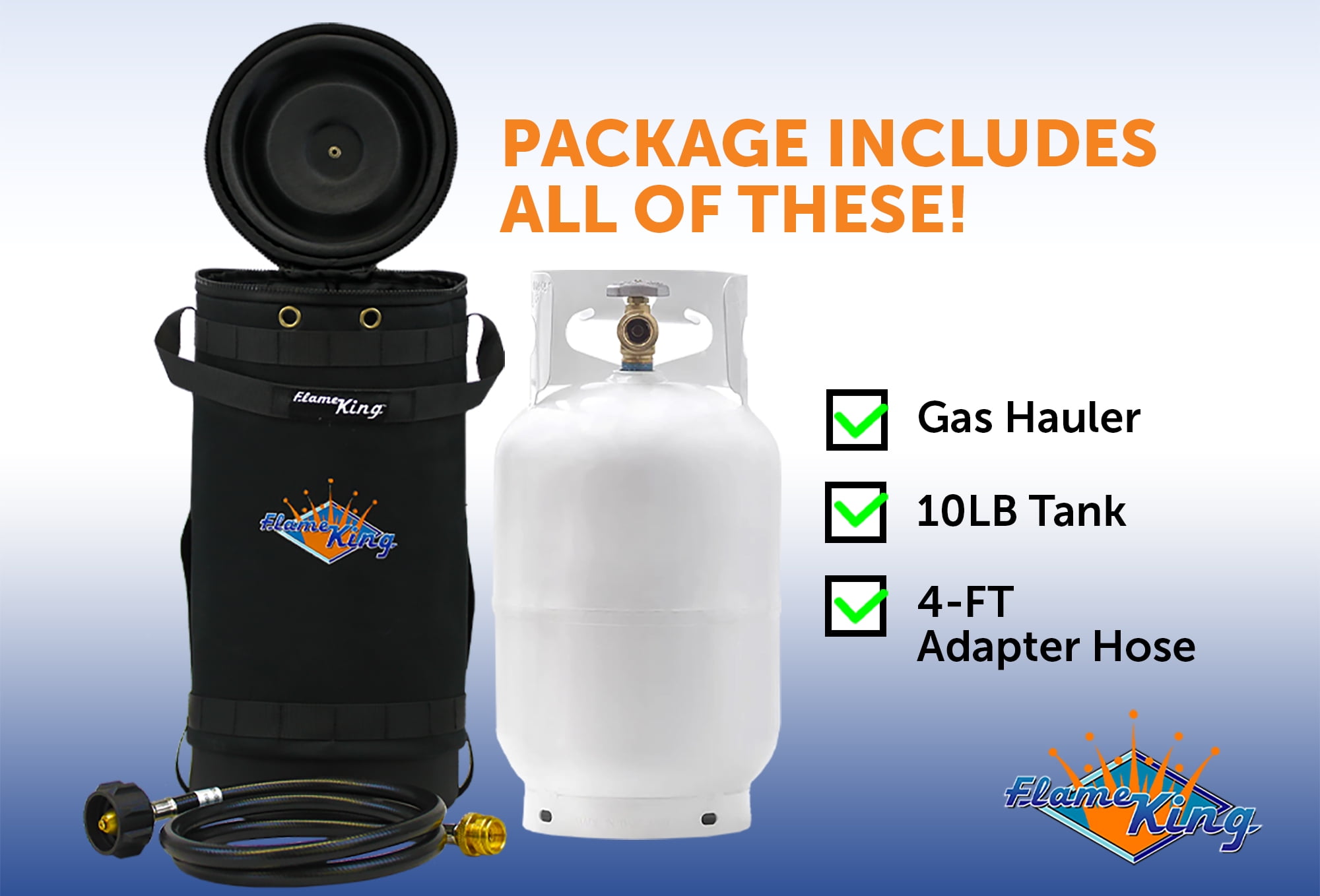 Flame King Gas Hauler Kit - Insulated Protective Carry Case, 10lb Propane Tank and Adapter Hose for Camping and Outdoor Adventures
