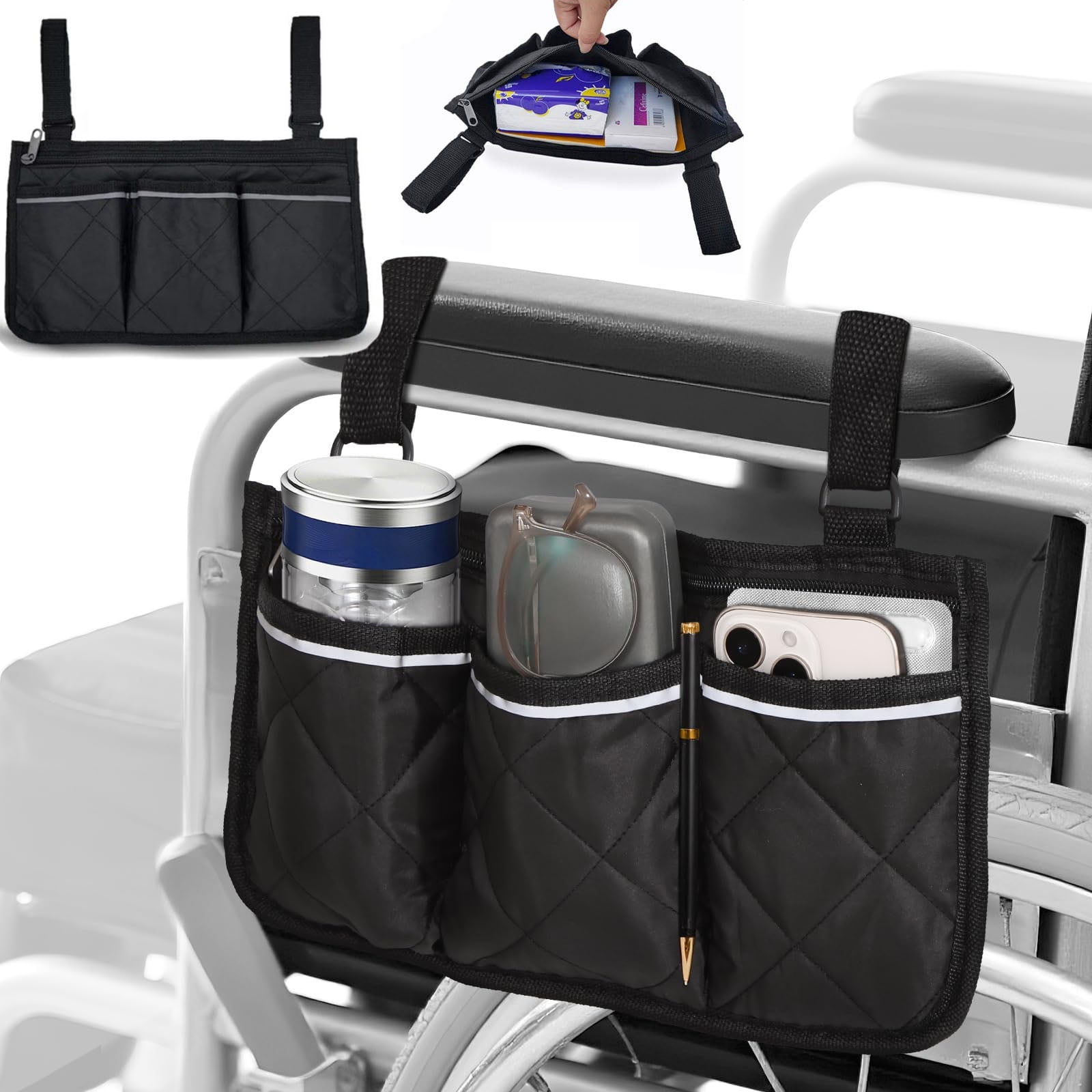 SIMDOO Wheelchair Bag,Wheelchair Pouch Side Pocket,Waterproof Storage Pouches for Any Wheelchair, Mobility Scooter, Walker, Rollator Carry Accessories for Seniors Elderly Handicap