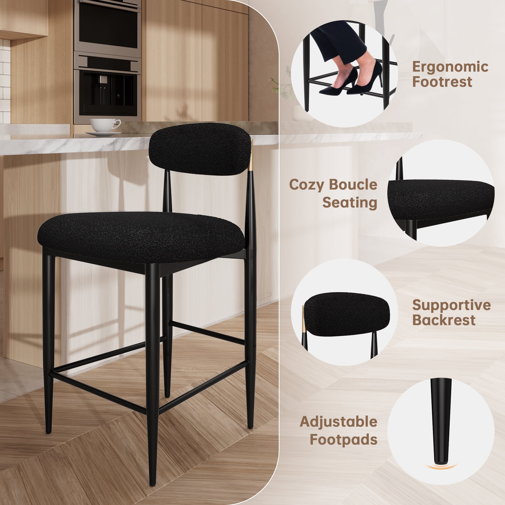 Morden Fort Counter Height Bar Stools Set of 2, 26" Boucle Barstools with Backrest and Metal Legs, Island Chairs for Kitchen Island, Dining Room