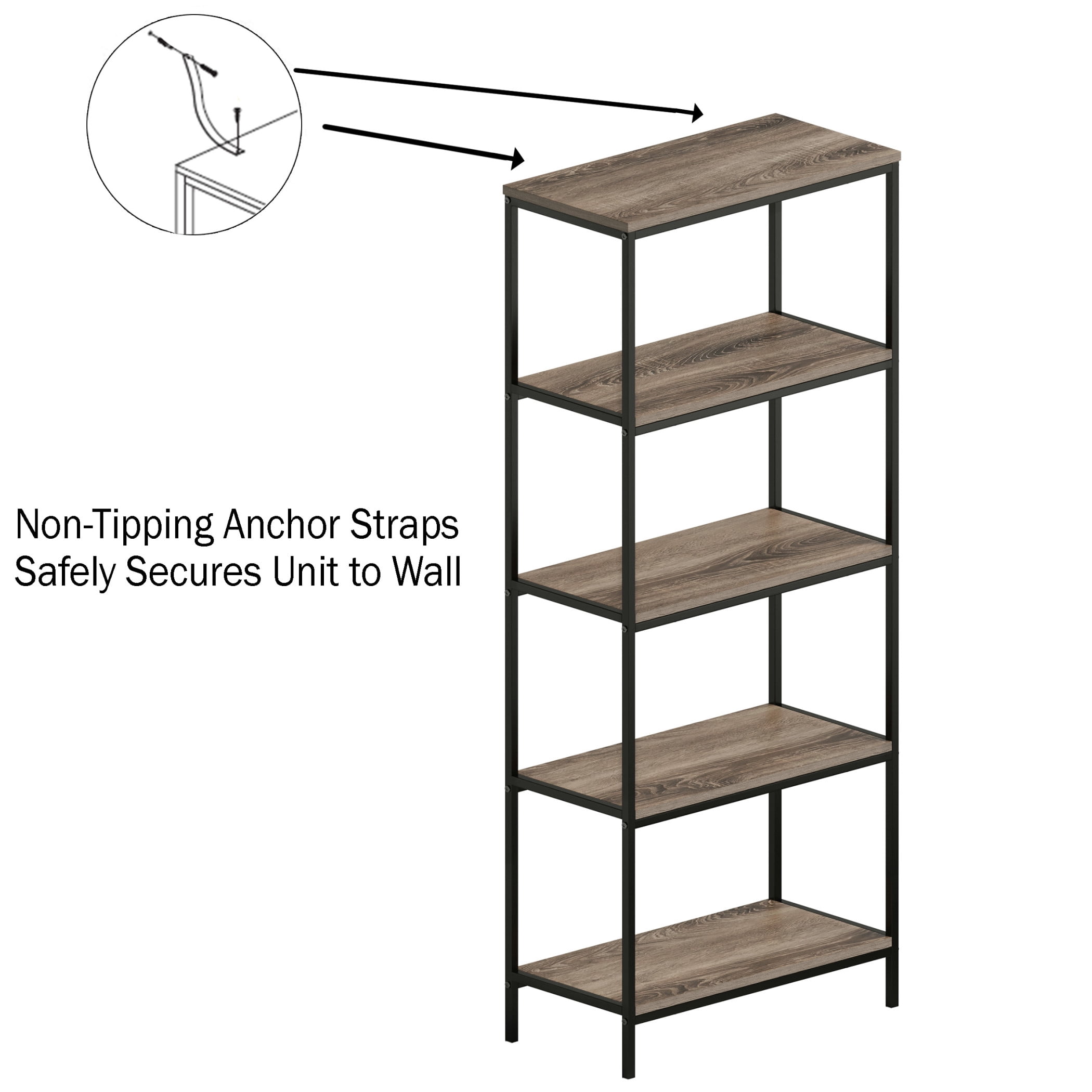 Lavish Home 5-Tier Bookshelf, Gray Woodgrain